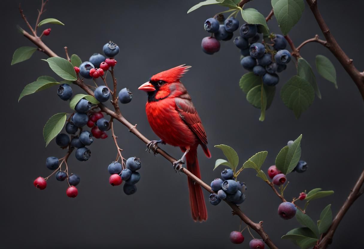 Red Cardinal Close-Up with Blueberries in 16k