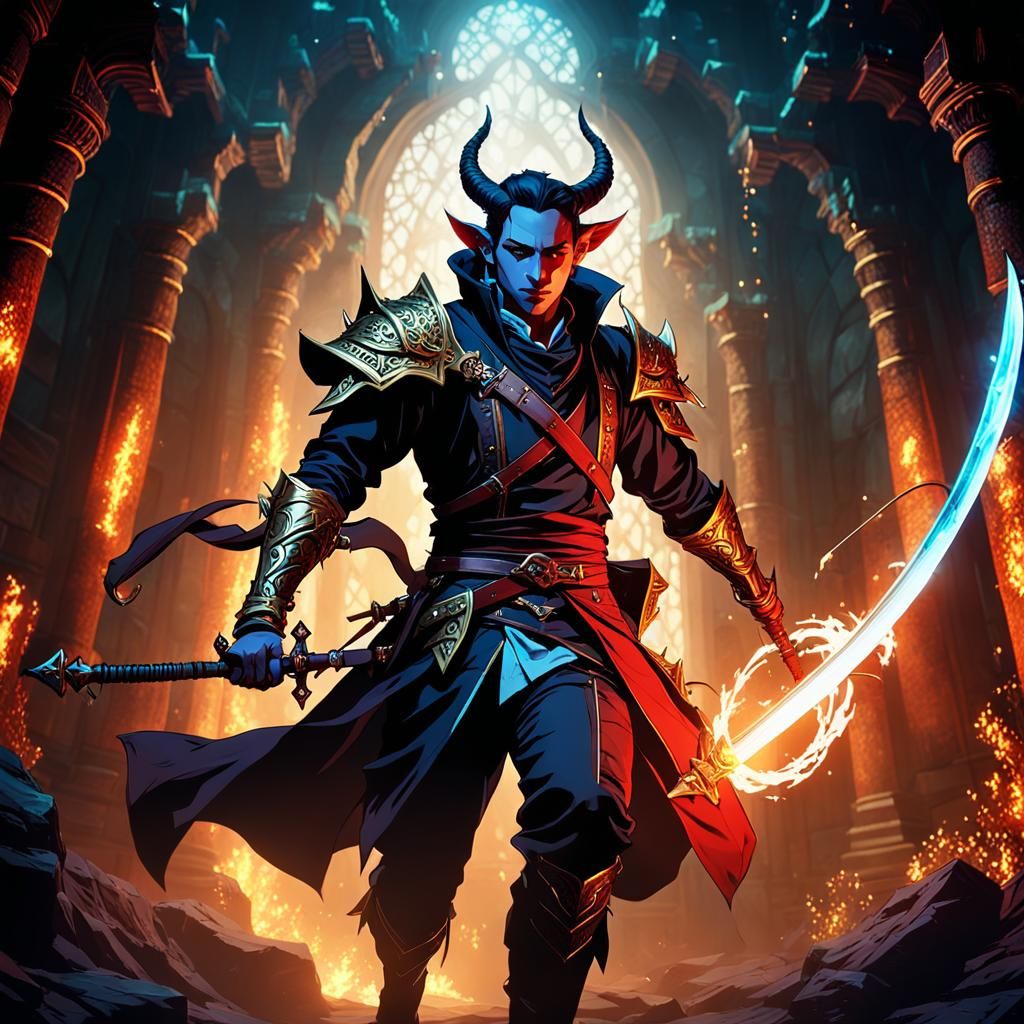 Tiefling Bard in Mystical Underground Chamber, Anime Art