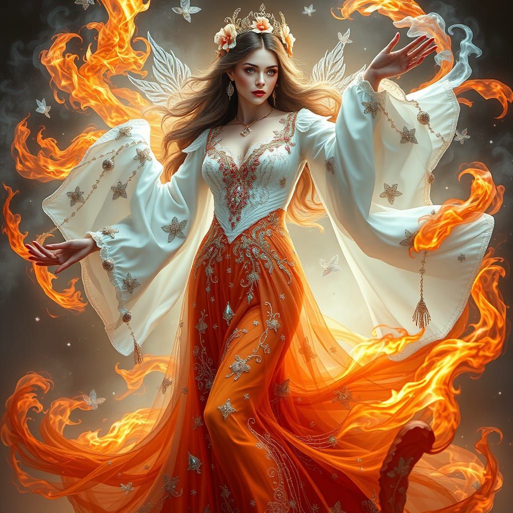 Regal Goddess of Ice and Fire Dancing in Elegant, Flowing Go...