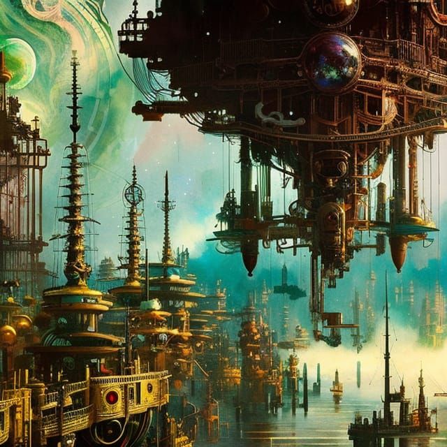 Steampunk Colony Above Jupiter, Digital Matte Painting