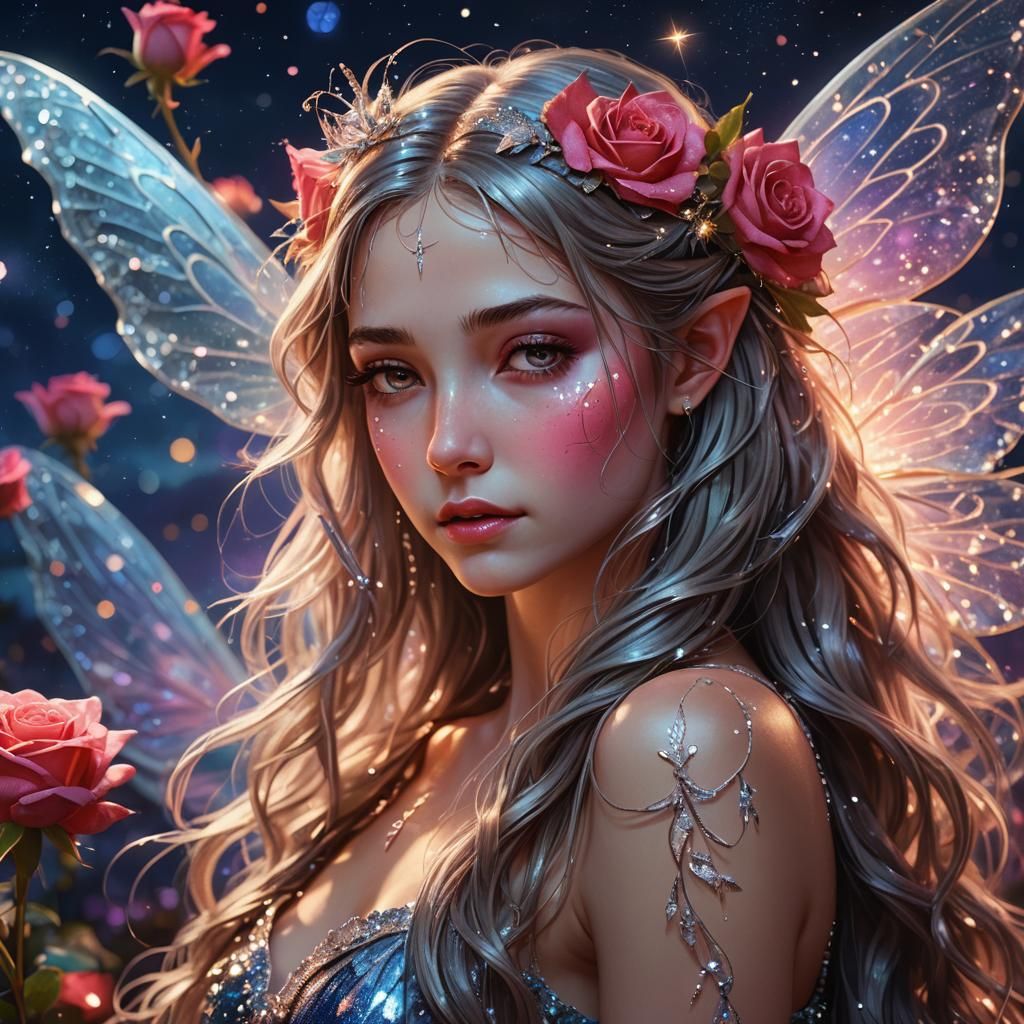 Fairy Weeping Silver Tears on Rose: Hyperrealistic Art