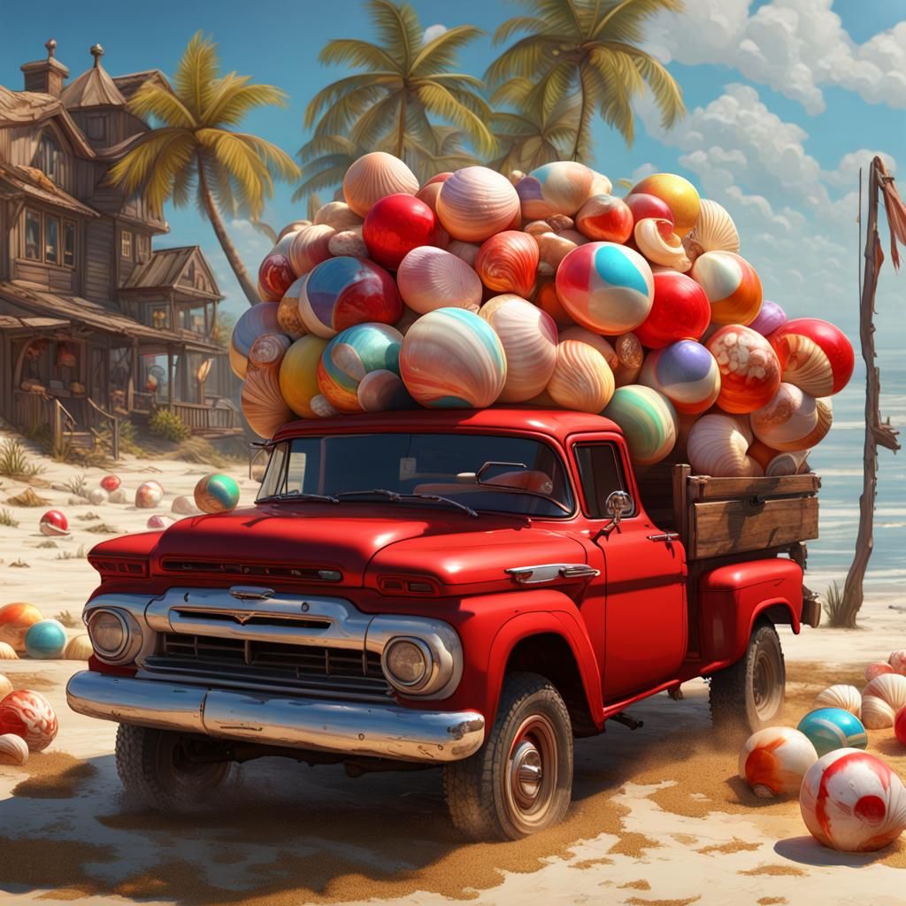 Red Truck on Beach, Dark Fantasy Concept Art