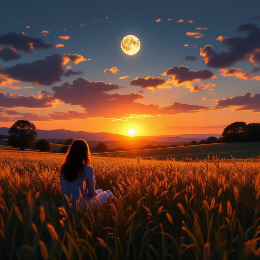 Serene Dusk Landscape with Golden Sunlight and Moonlight