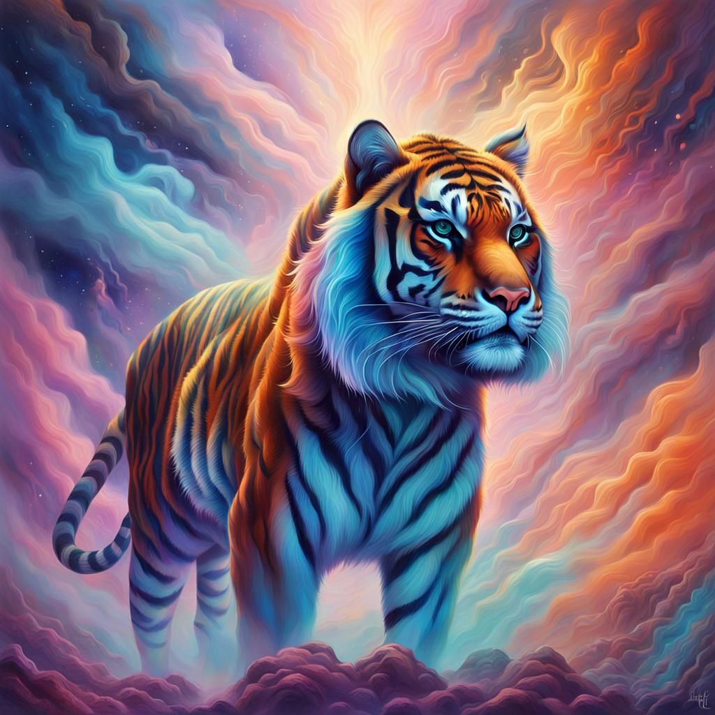 Cosmic Surrealism: Ethereal Tiger in Astral Mist