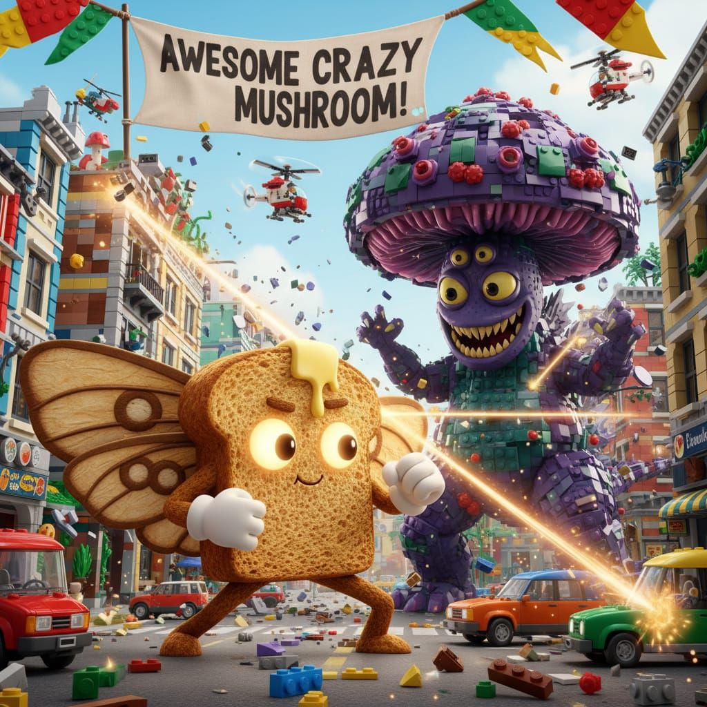 Animated Rye Toast Fights Mushroom Monster in LEGO City