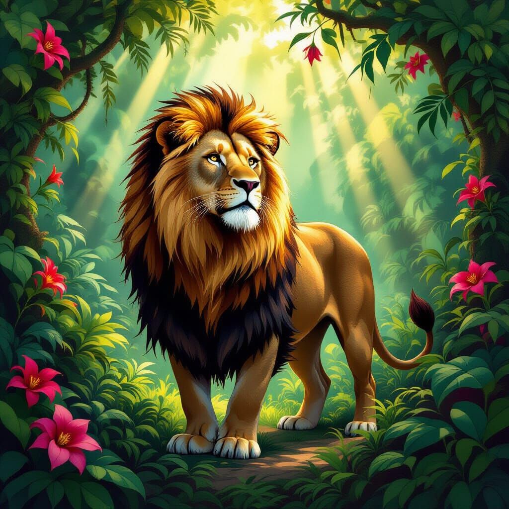 Majestic Lion in Art Nouveau Jungle