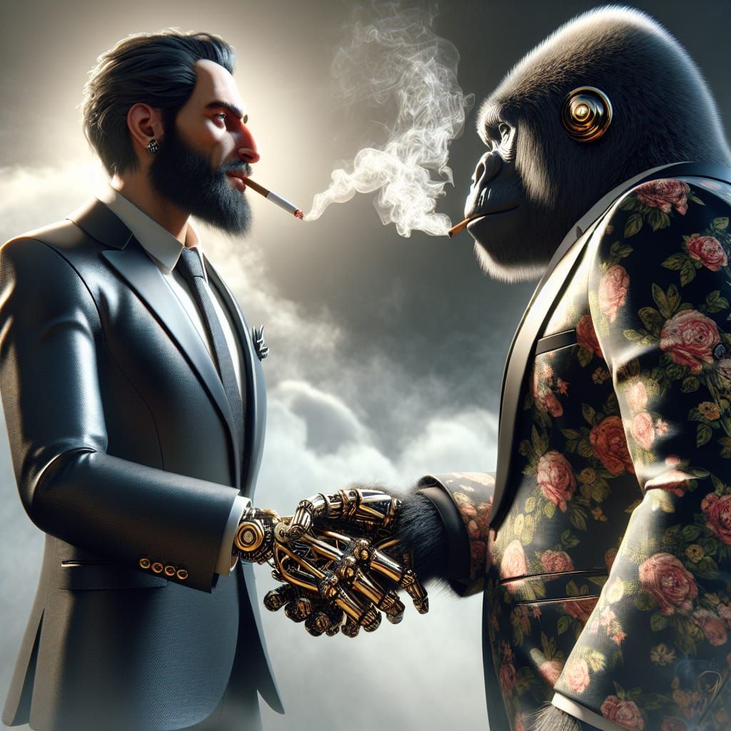 Handshake with Gorilla in Floral Suit, Hyperrealistic