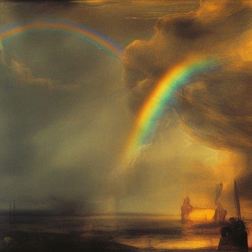 Menacing Rainbow Sky with Grasshopper Bones: Rembrandt Style