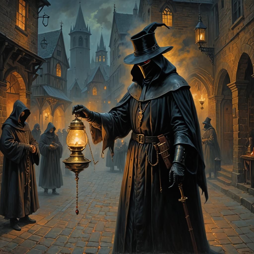 Medieval Plague Doctor in Foggy City, Oil Painting