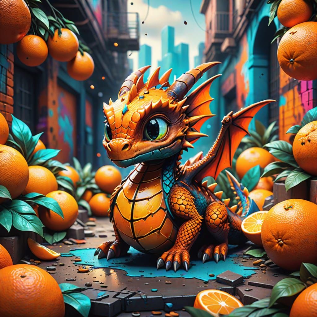 Vibrant Dragon Amidst Oranges in Textural Splendor