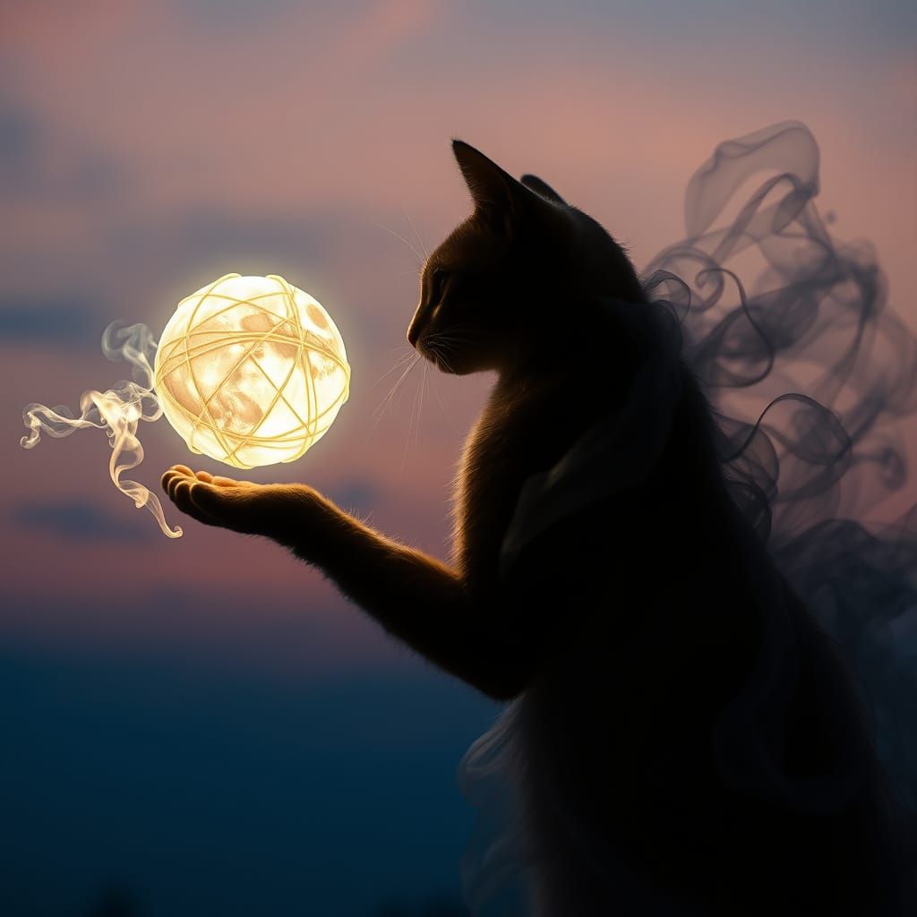 Whimsical Cosmic Cat Reaches for Ethereal Moon Yarn