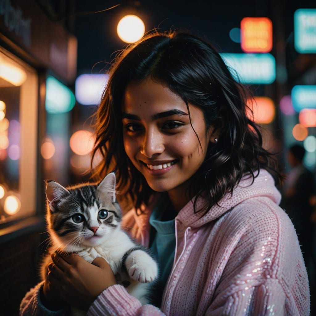 Woman in Cozy Sweater Gently Strokes Cute Kitten in Dreamy G...
