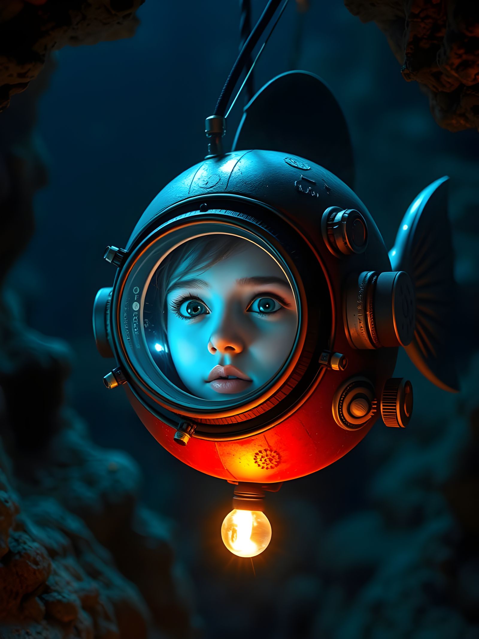 Girl in Fish Submarine Exploring Ocean Abyss
