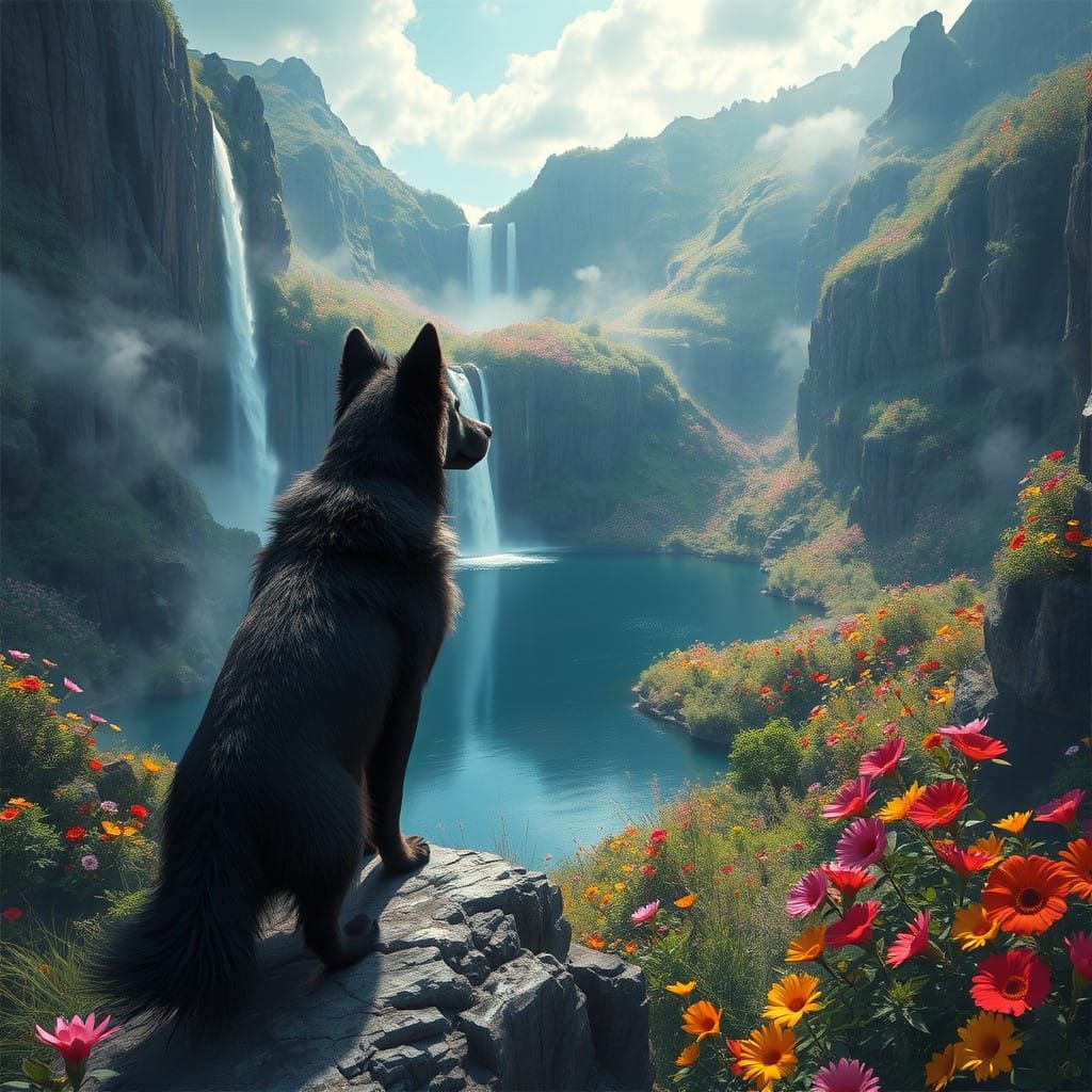 Majestic Black Dog Stands on Cliff's Edge in Vibrant, Exotic...