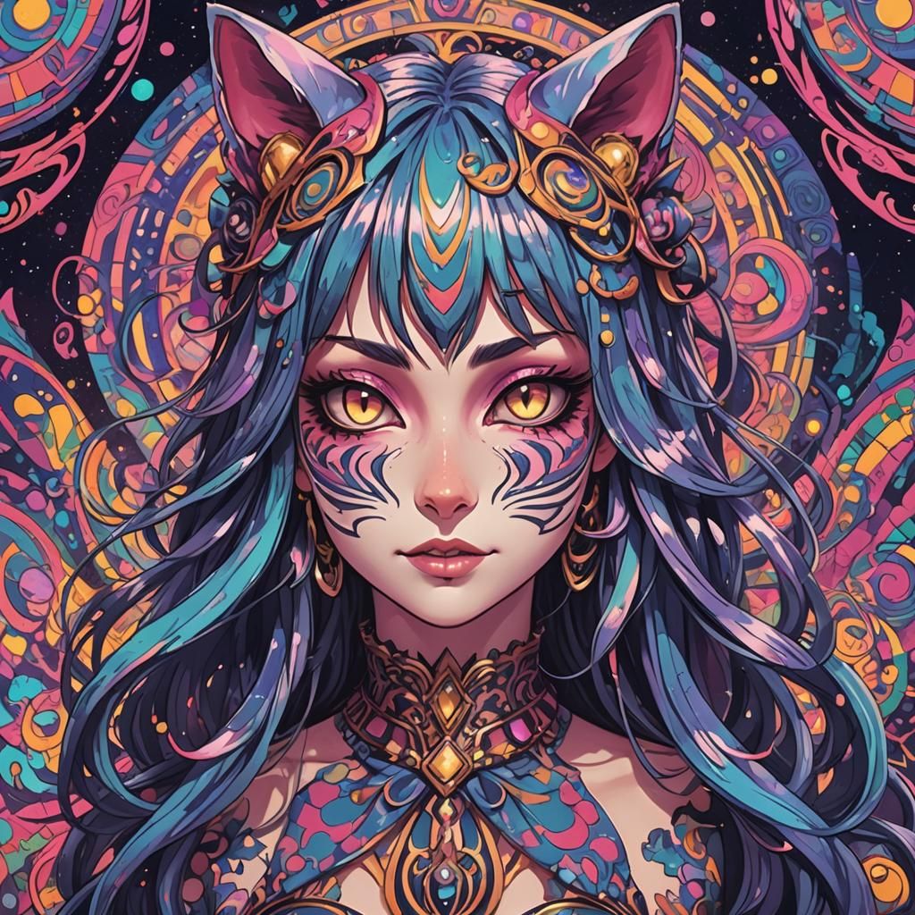 Psychedelic Cheshire Catgirl Illustration