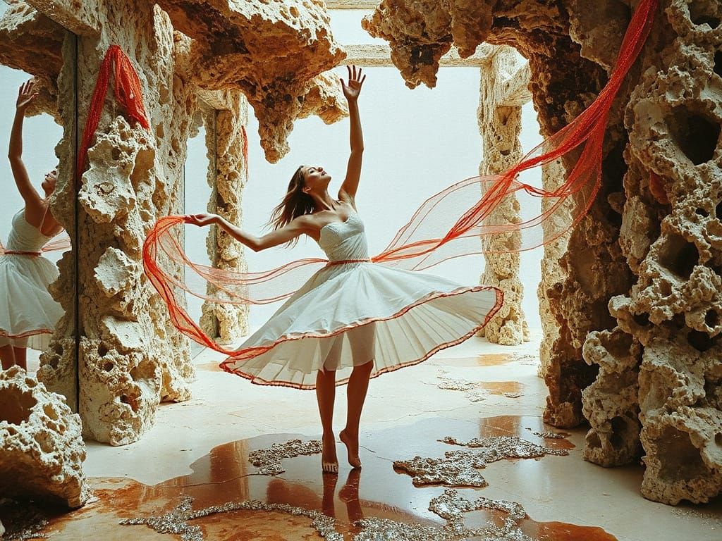 Cyborg Dancer in Coral Corridor: Mixed Media on Canvas