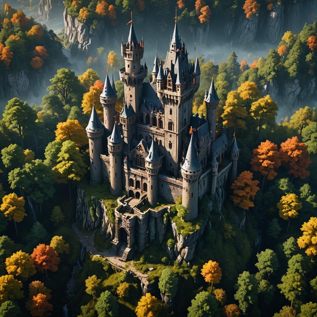 Abandoned Castle in Scenic Forest: Detailed Matte Painting
