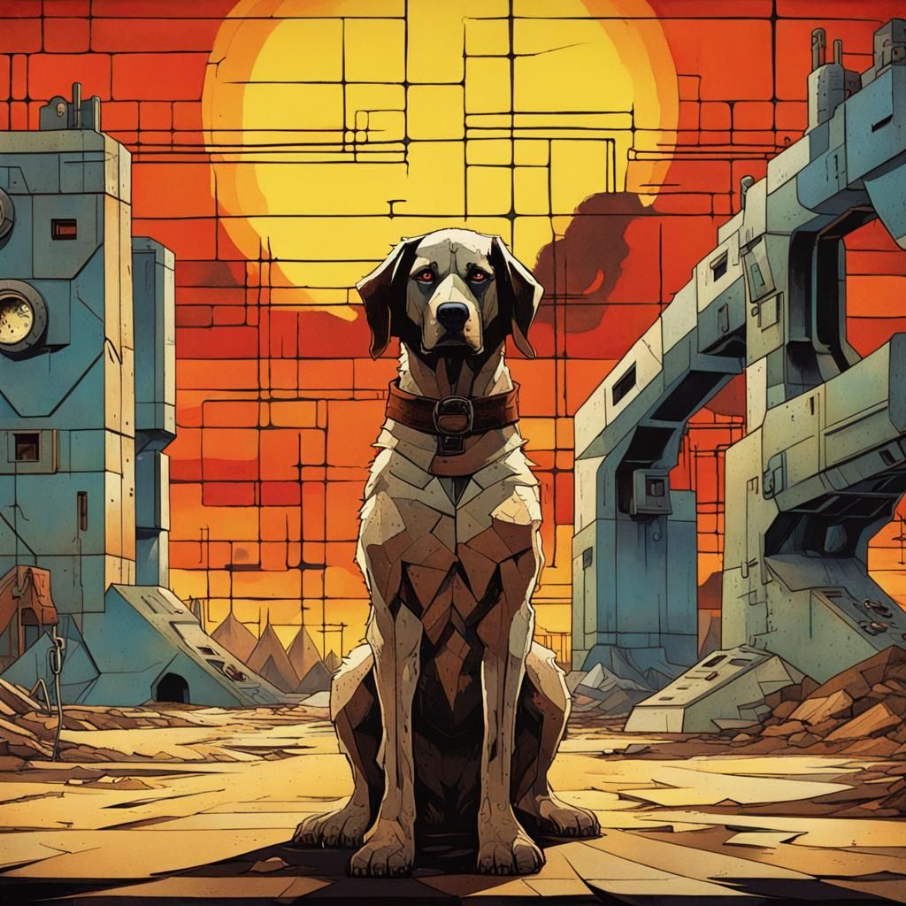 1970s sci-fi pulp art style dog