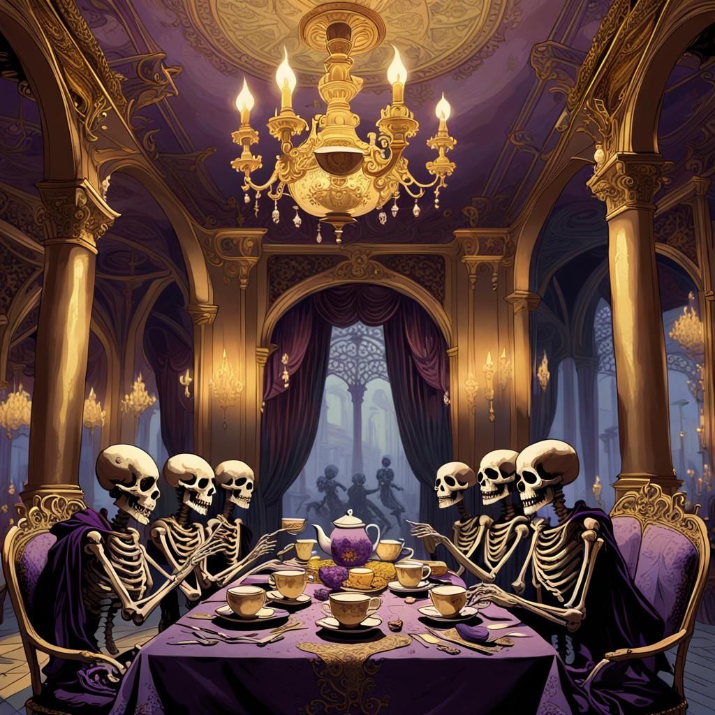 Skeletons' Tea Party in Ornate Ballroom, Art Nouveau Style