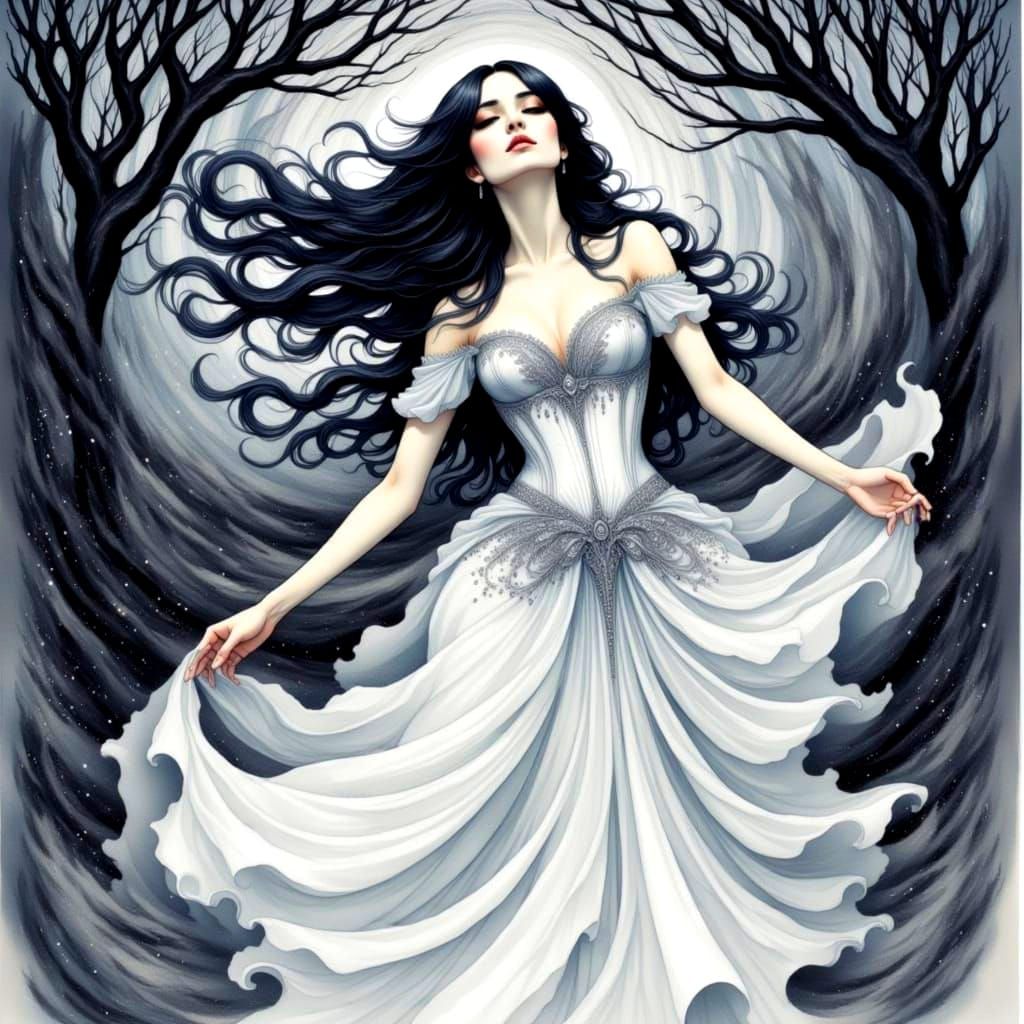 Fantasy Woman in Flowing Dress, Watercolor Art