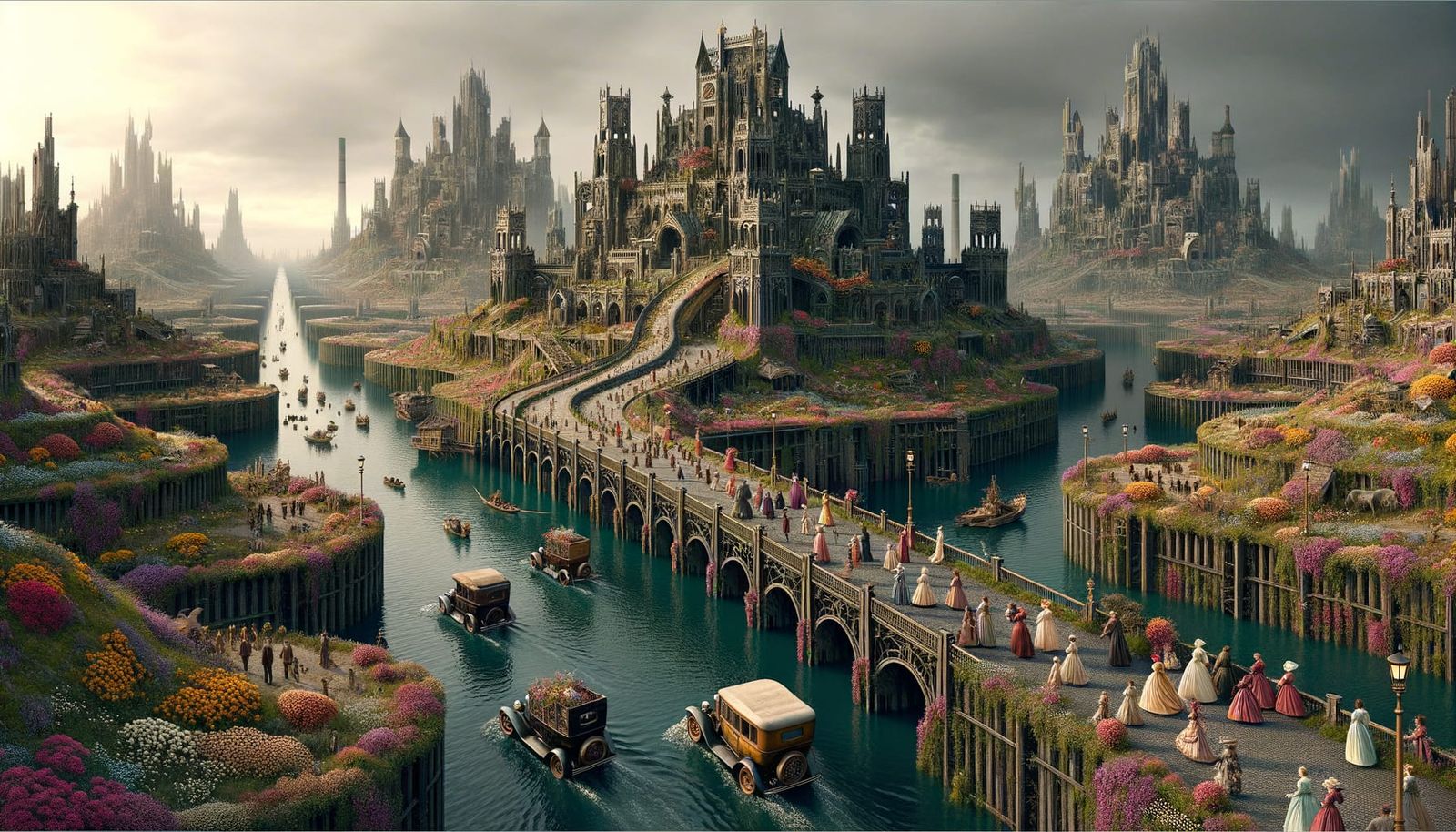 Floral Gothic Citadel in Dystopian Panorama