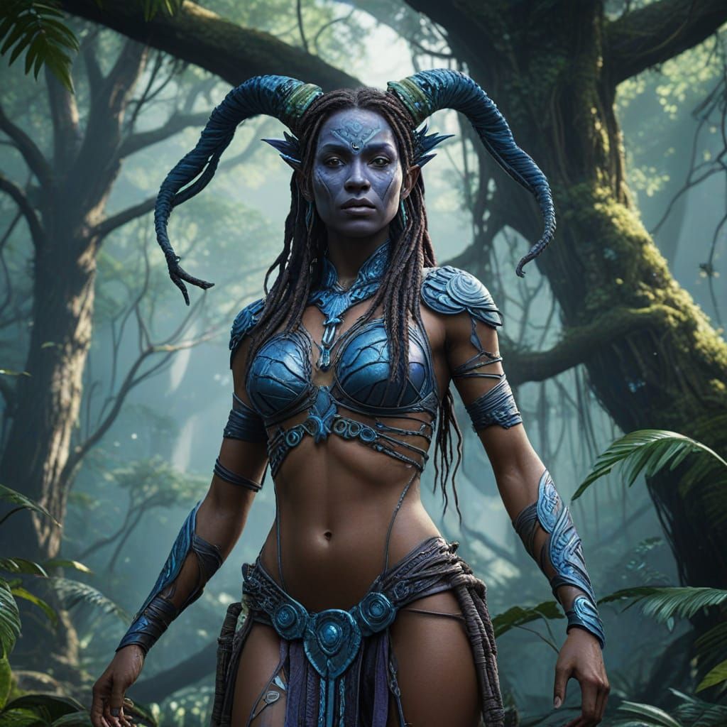 Ethereal Blue Humanoid in Lush Pandora Landscape