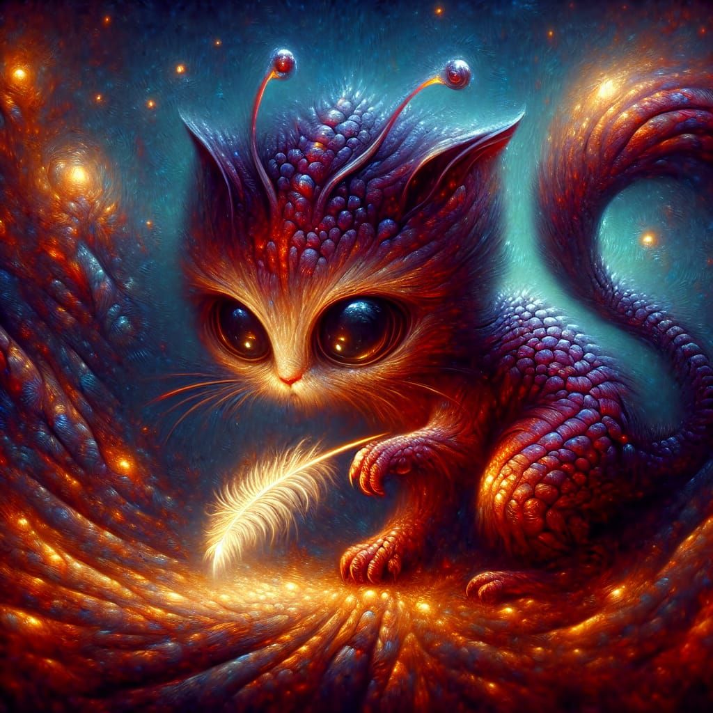 Alien Kitten with Feather in Impressionist Style