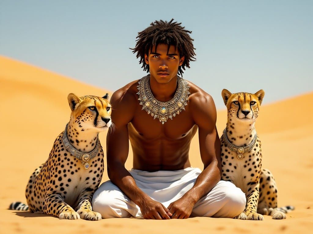 Egyptian Nobleman with Cheetahs in Ancient Egyptian Style