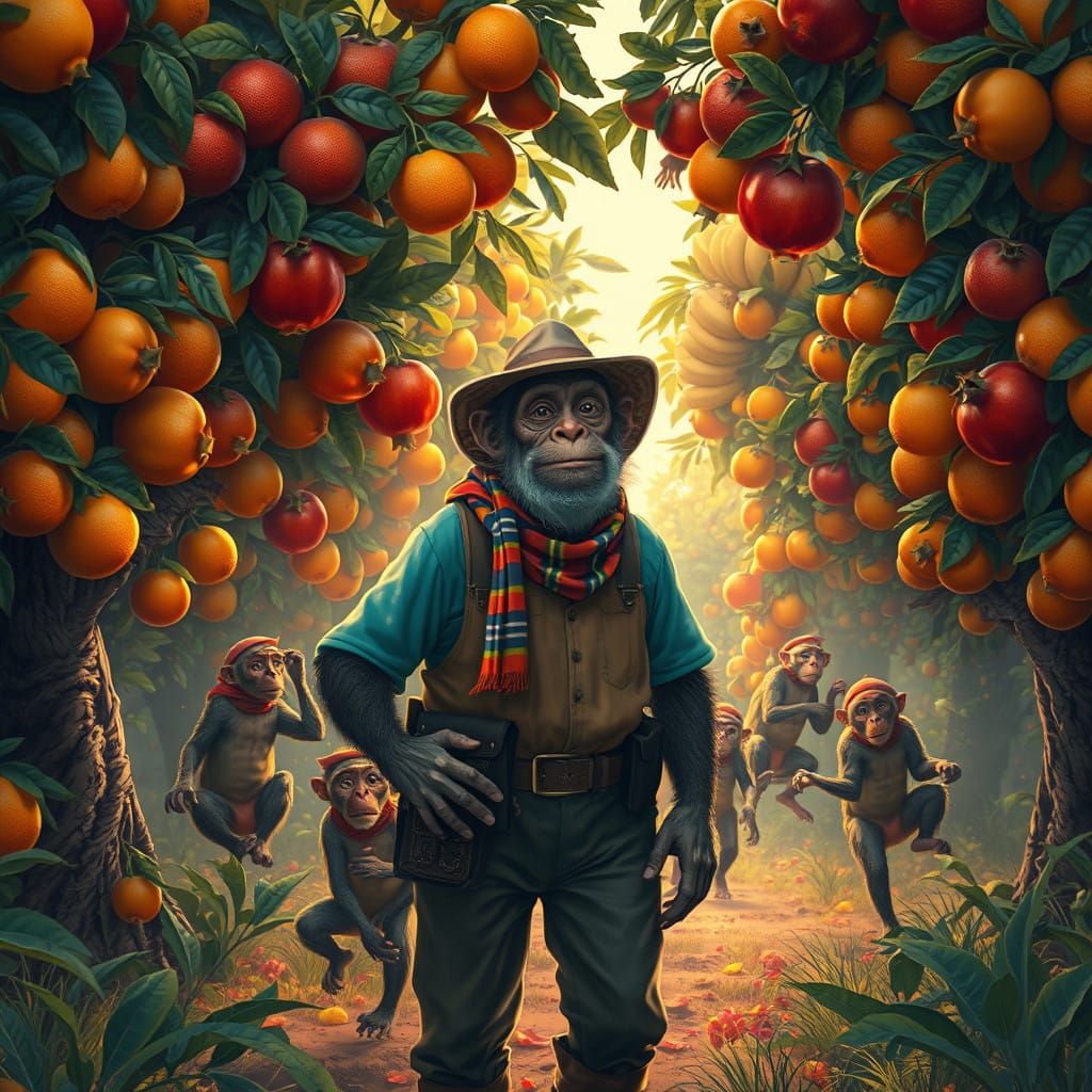 Farmer Clifford's Whimsical Orchard Scene in Vibrant Colors