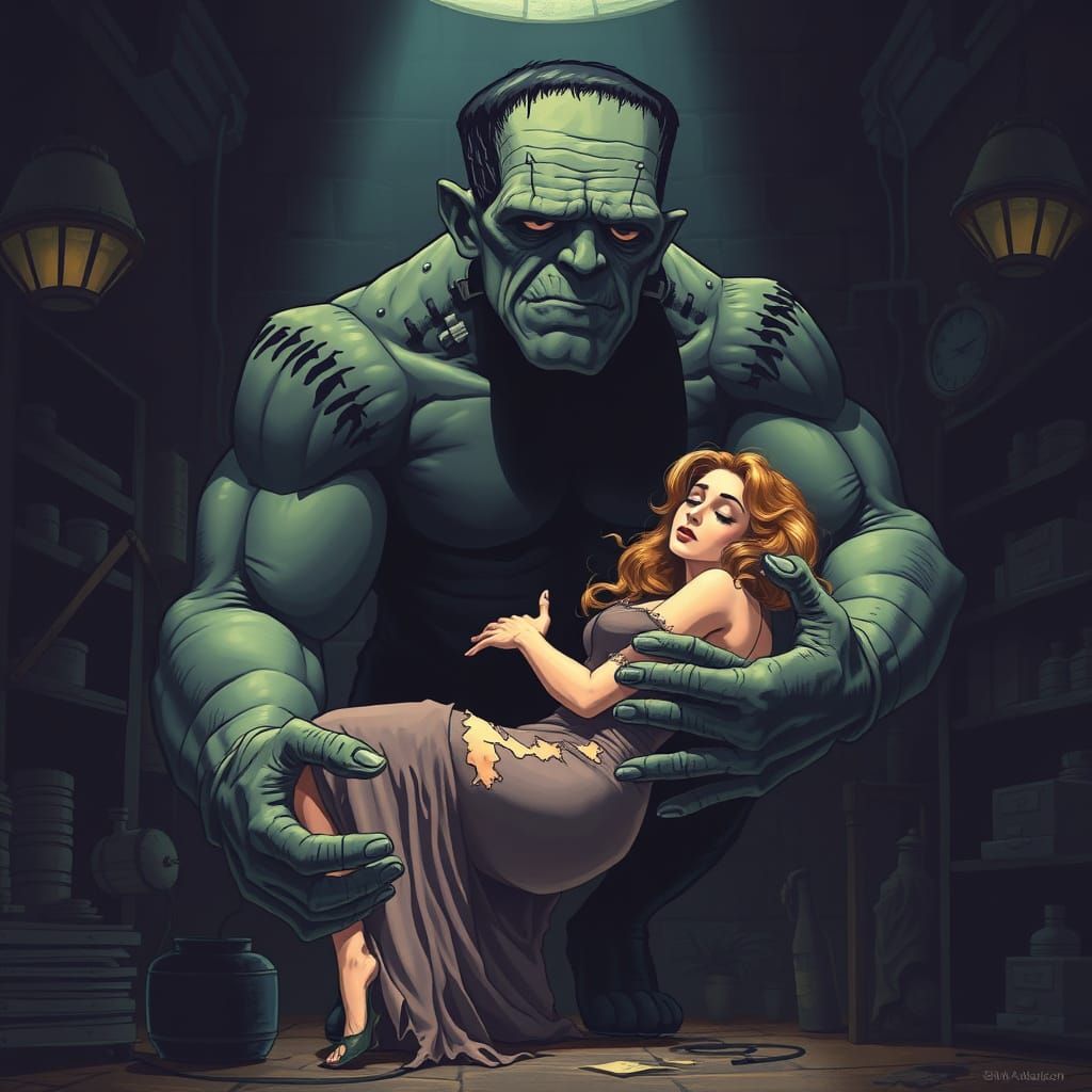 Gothic Laboratory Scene: Frankenstein Monster Tenders Damsel