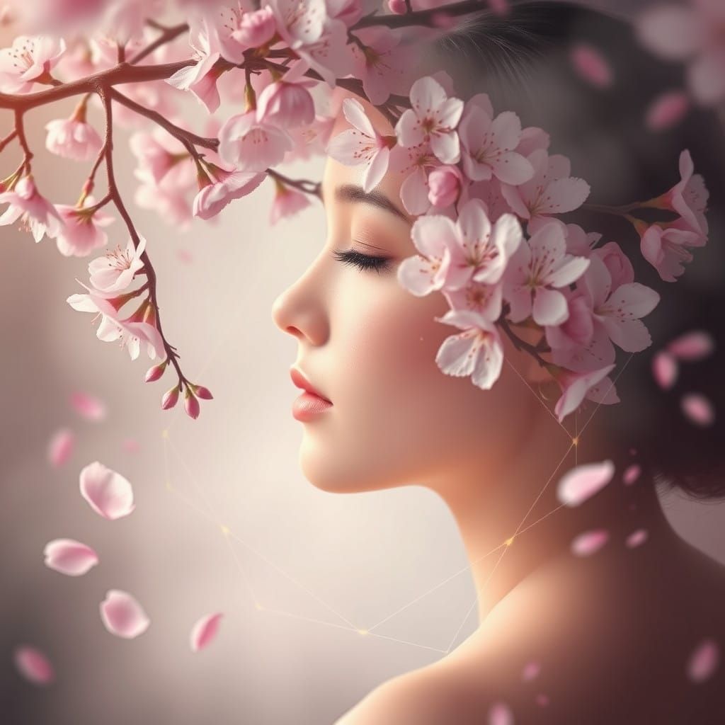 Surreal Cherry Blossom Goddess Emerging from Sacred Geometry...