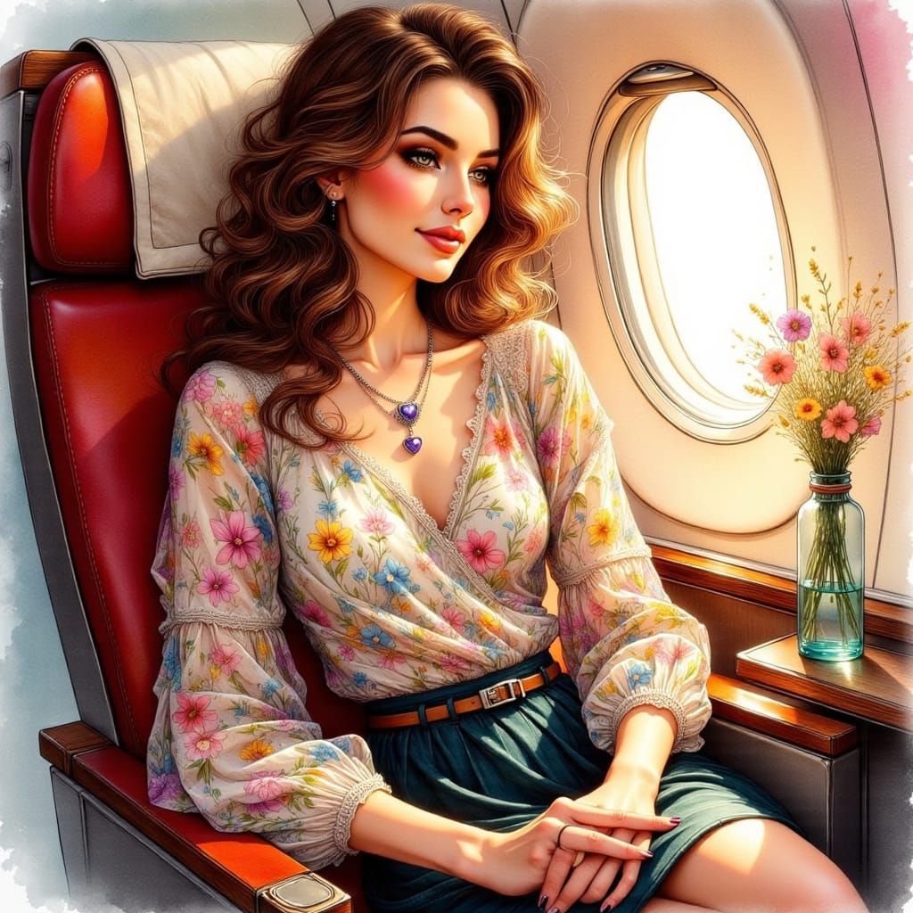 Young Woman in Elegant First-Class Attire on an Air France J...