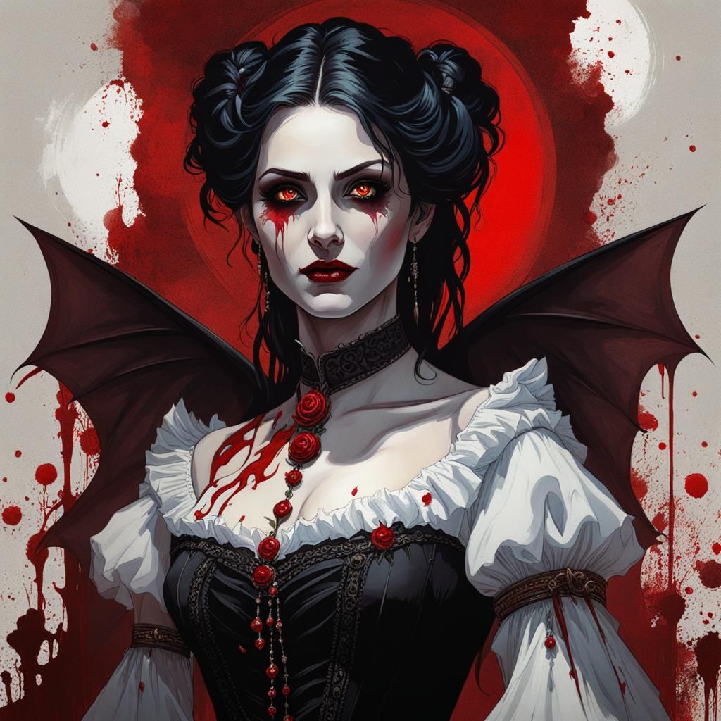 Gothic Vampire Portrait in Gouache Watercolor Style