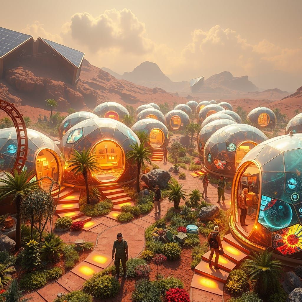 Solarpunk Mars Settlement in Vibrant Geodesic Domes