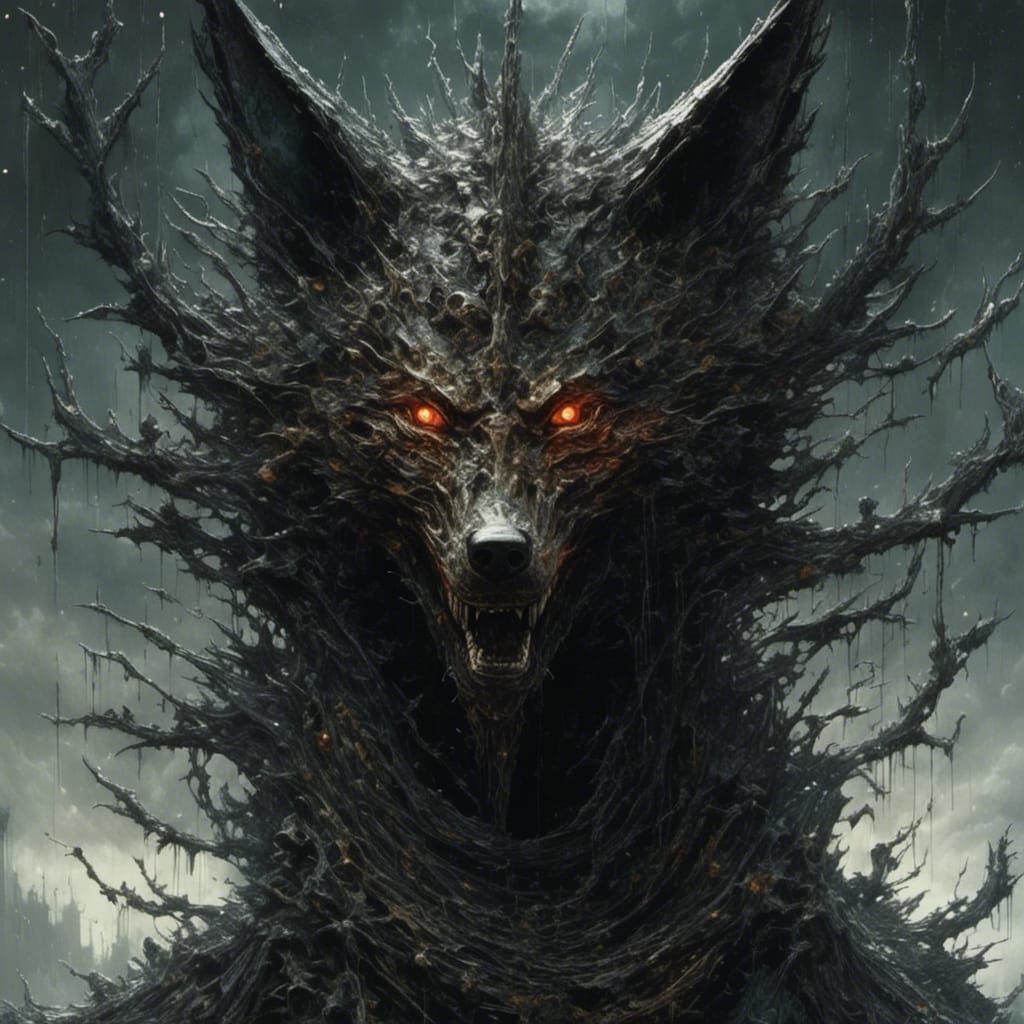 <lora:Dark fantasy realism:1.0> <lora:eye:1.0> Ungodly <creature:1.5> of wicked jackal spirit+satanic <waste:1.3>
 Franc...