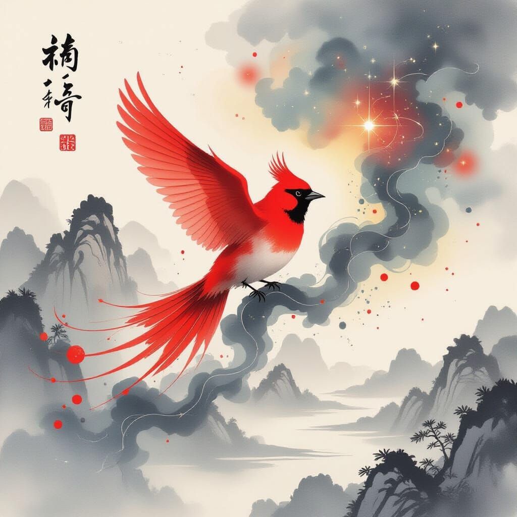 Red Bird in Celestial Ink Watercolor Style