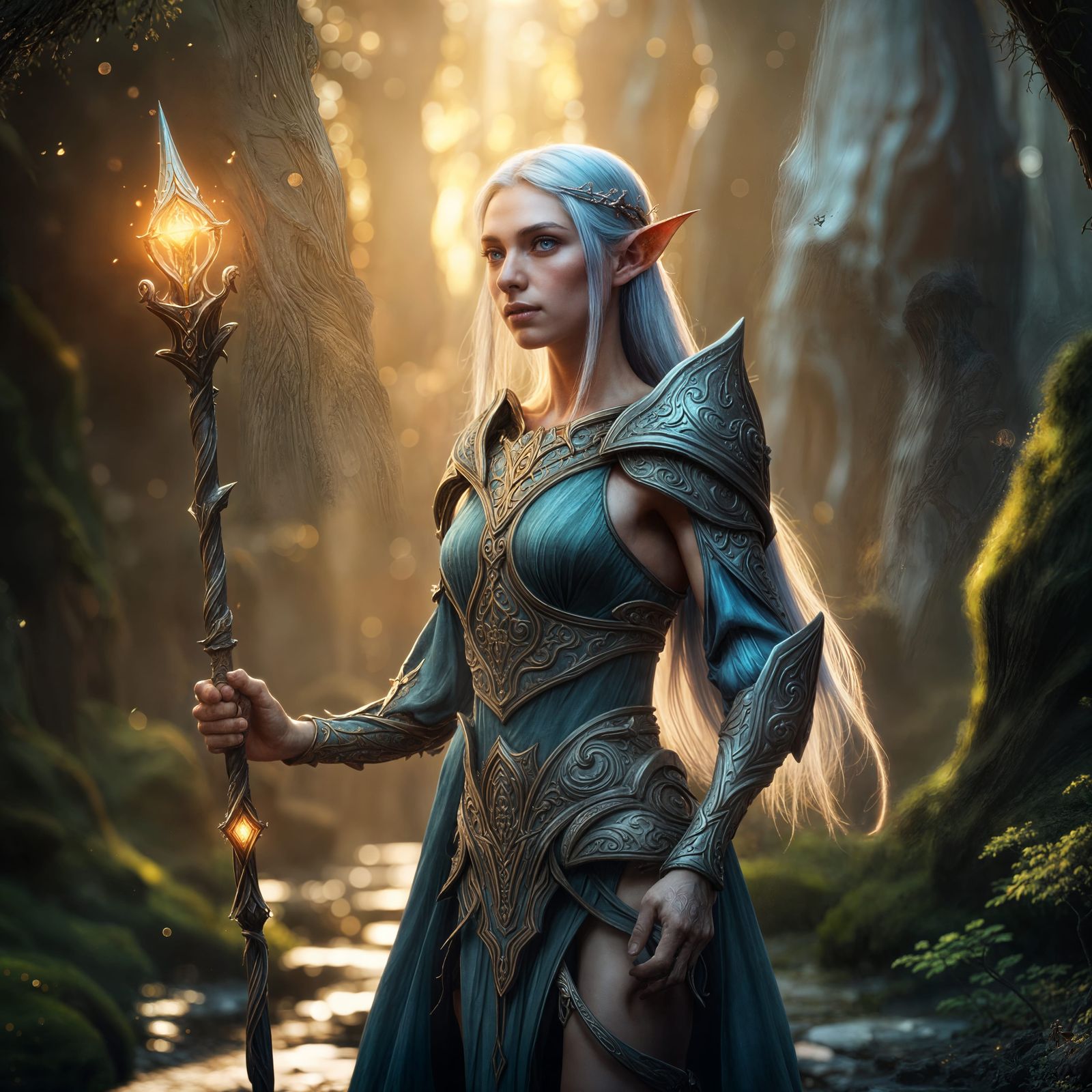 Fantasy Elf with Magical Staff in Detailed Matte Painting