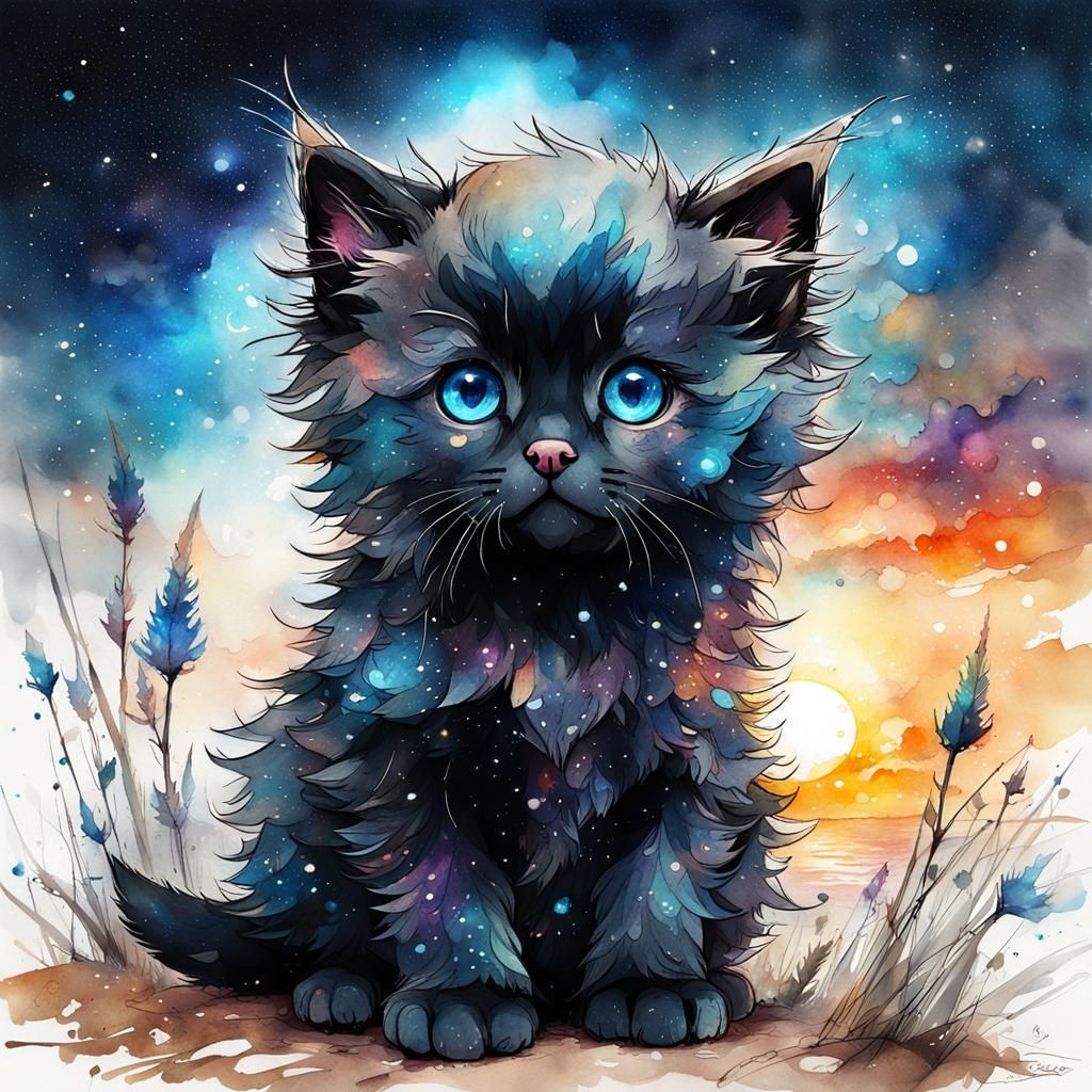 Charming Watercolor Kitten in a Galaxy Sunset