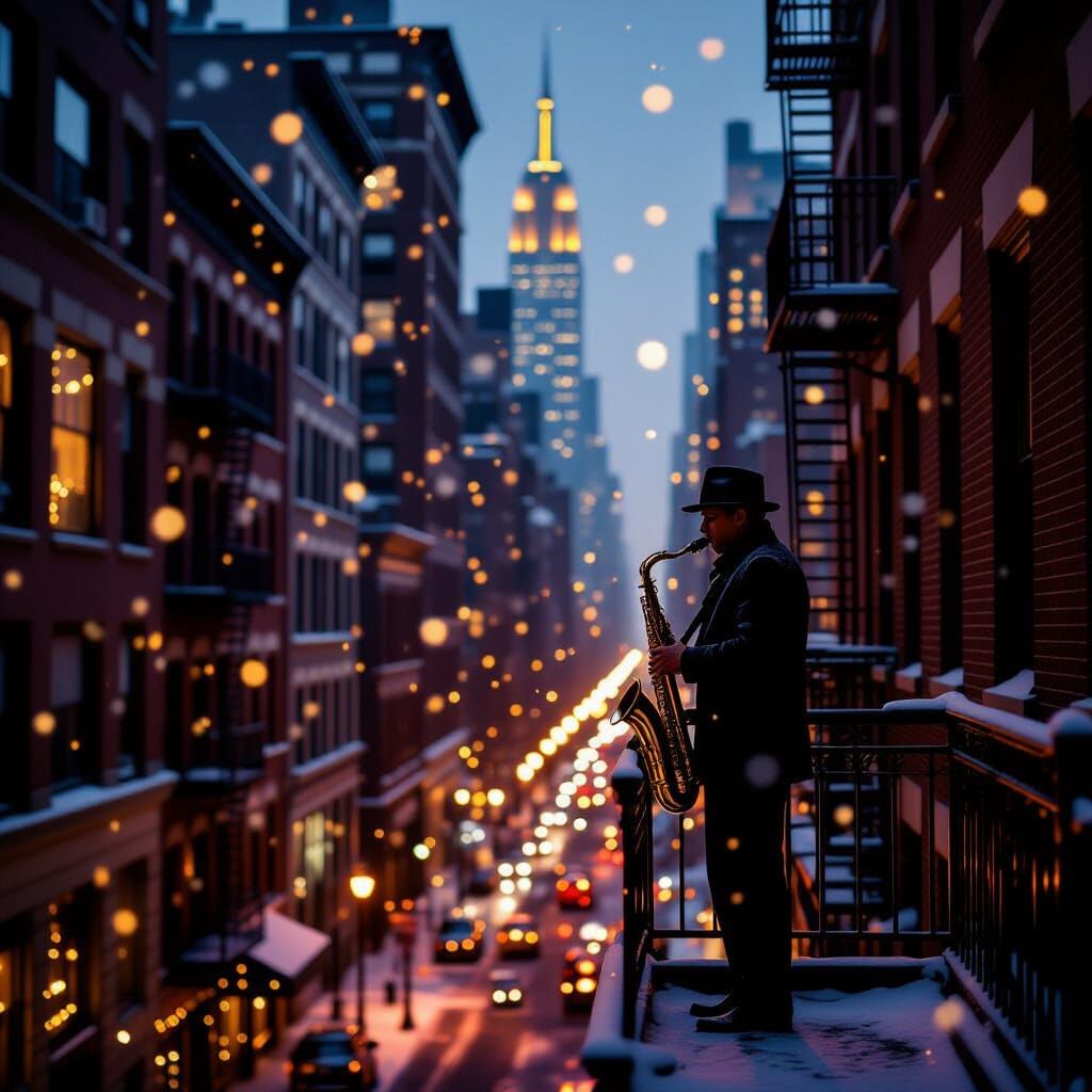 A cinematic photograph of a jazz saxophonist silhouetted aga...