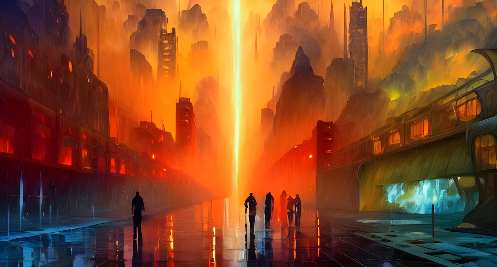 Inferno Rain Over Art Deco Future Cityscape