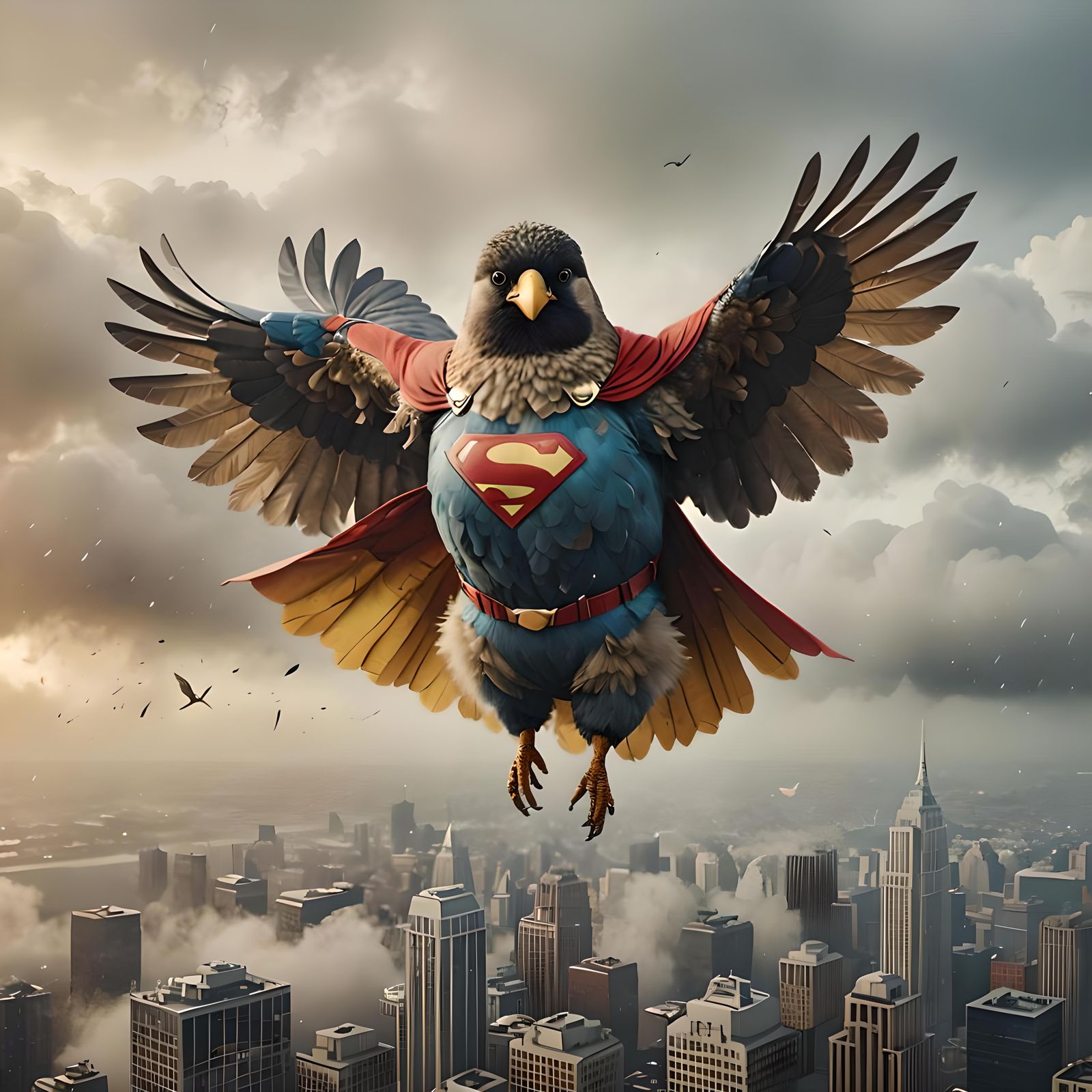 Fluffy Superhero Bird Flies in Foggy Sky