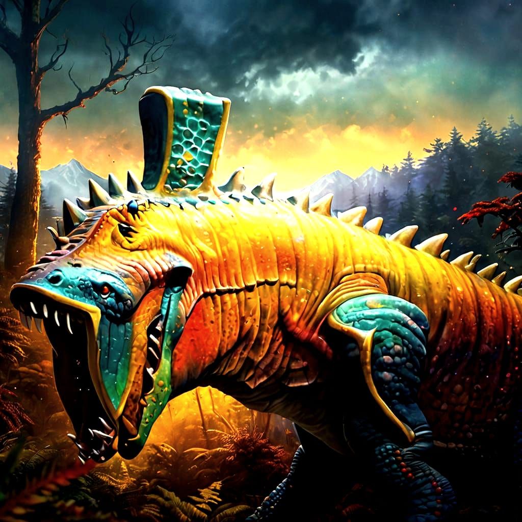 Steagsaurus Fights Majestic T-Rex in Epic Fantasy Battle