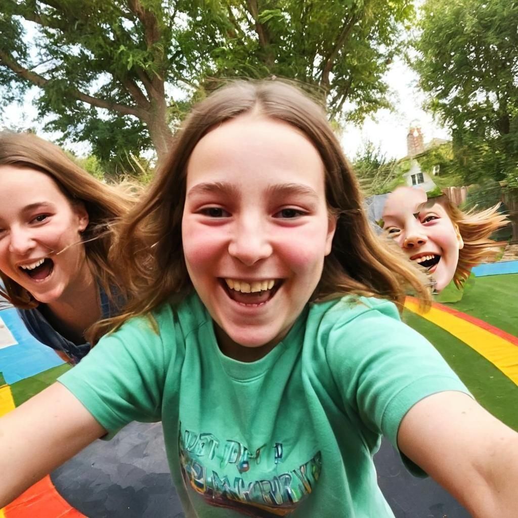 Two Girls Bouncing Happily on a Trampoline