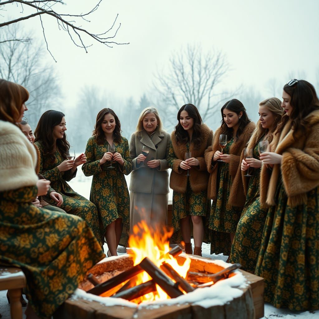 Emerald Ladies Dancing by Bonfire in Winter Snow