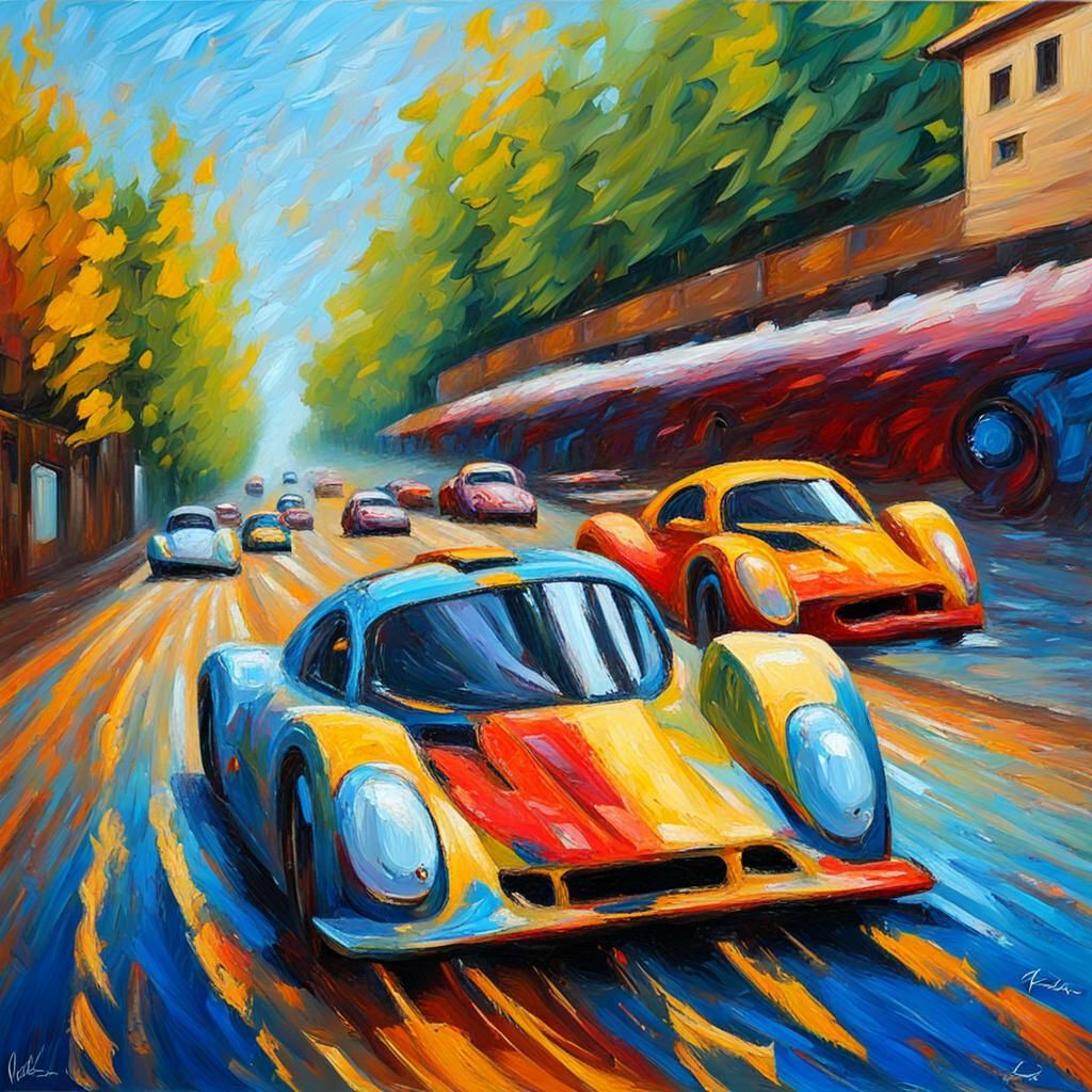Cars Racing: Neo-Impressionist Expressionist Oil Painting