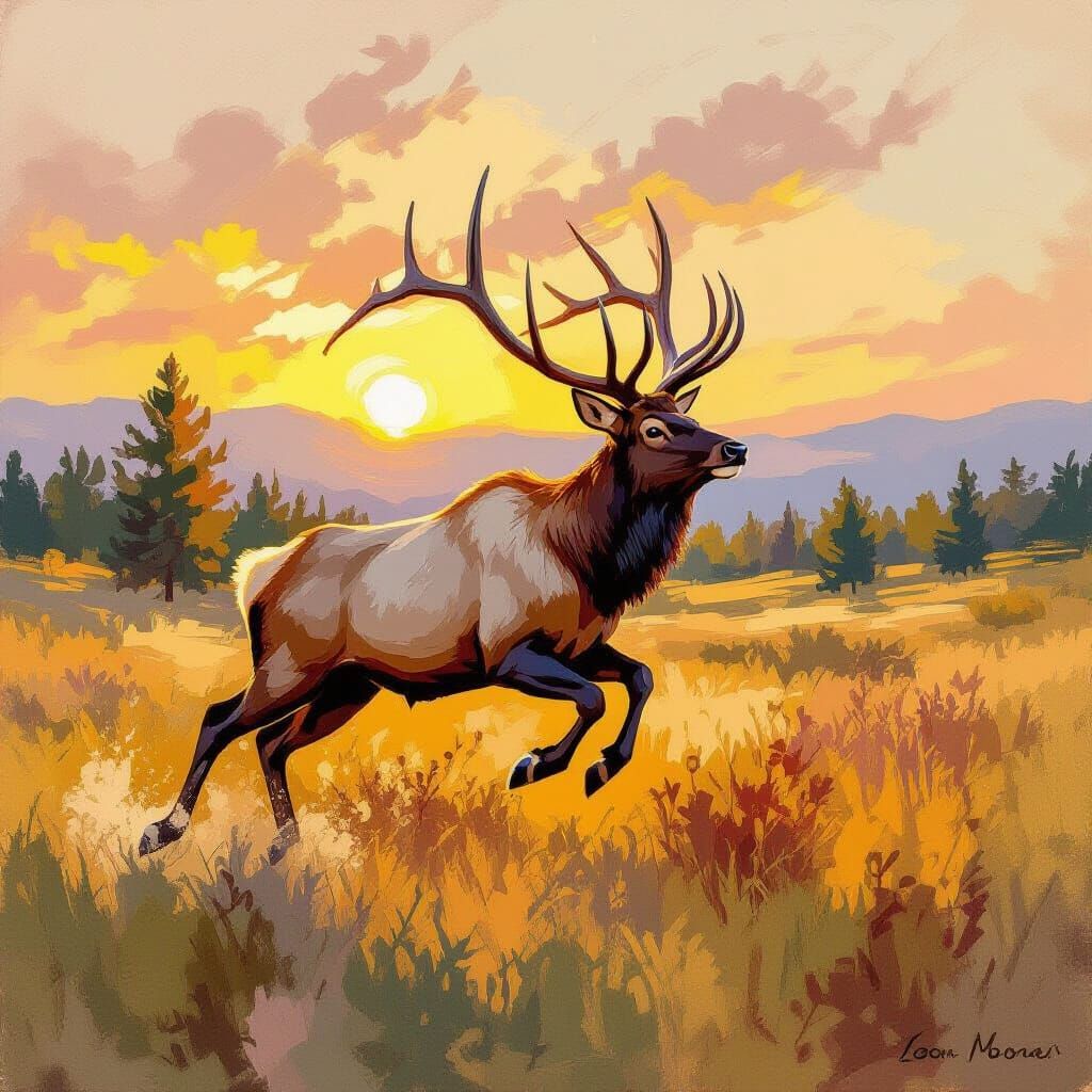 Majestic Elk Leaping Through Meadow in Impressionist Style