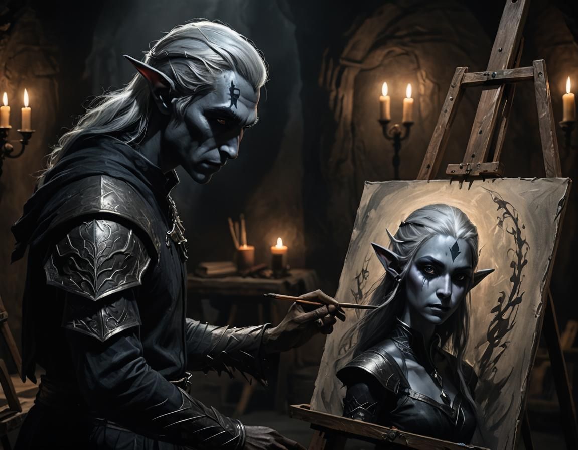 Drow Elf Portrait in Underground Chamber