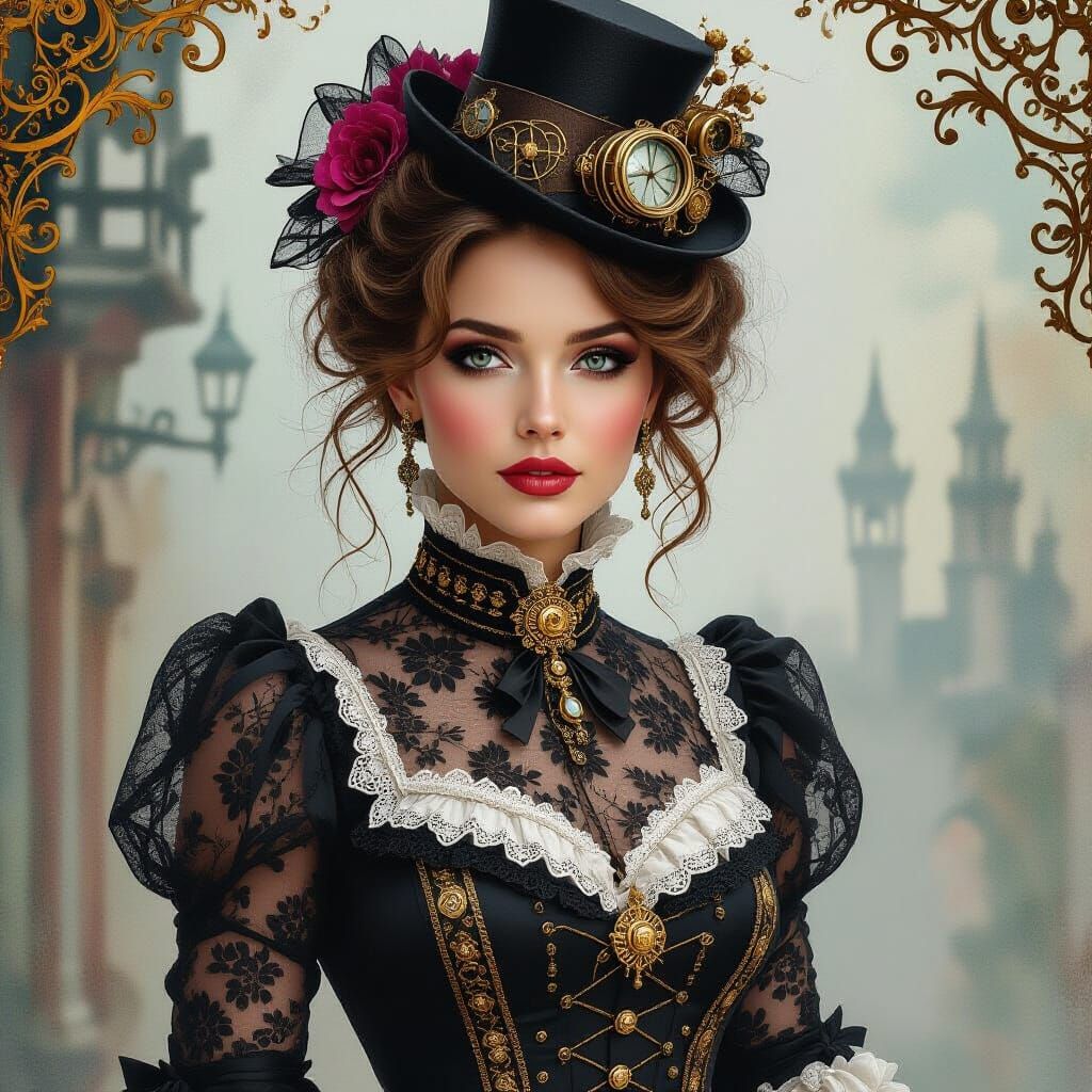 Steampunk Woman in Victorian Lace: Digital Matte Painting