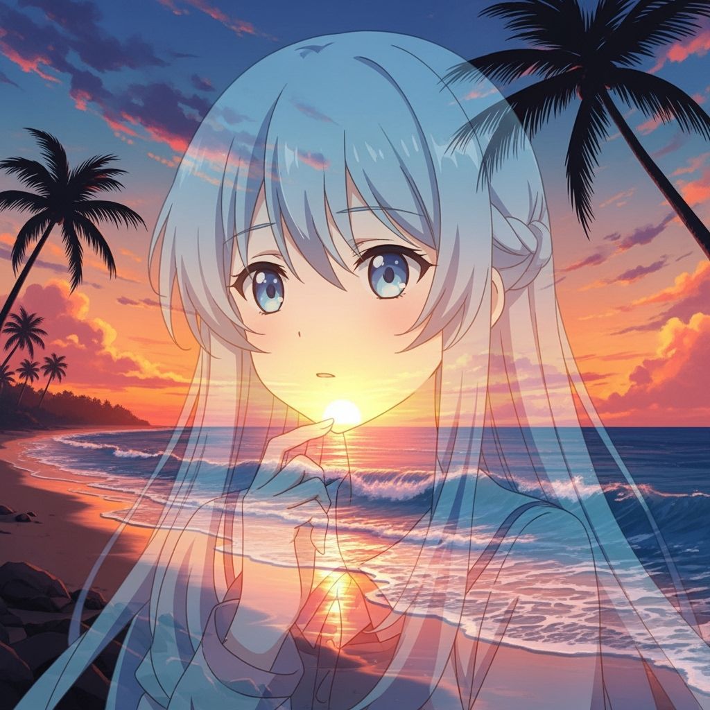 Anime Girl Contemplates Sunset Beach