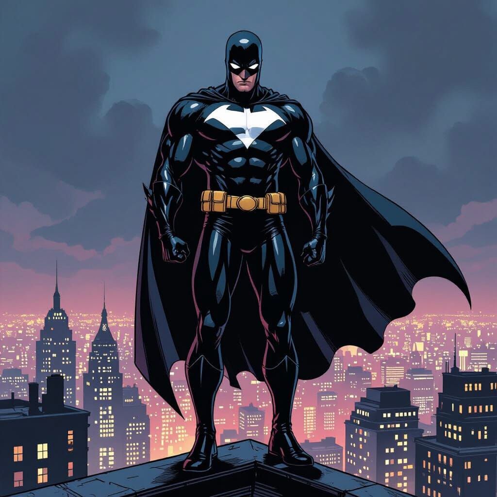 Superhero Overlooking City in Neo-Noir Style